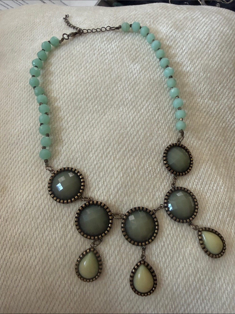 Cost Plus World Market Mint Green Beaded Bib Necklace with Pale Yellow Drops